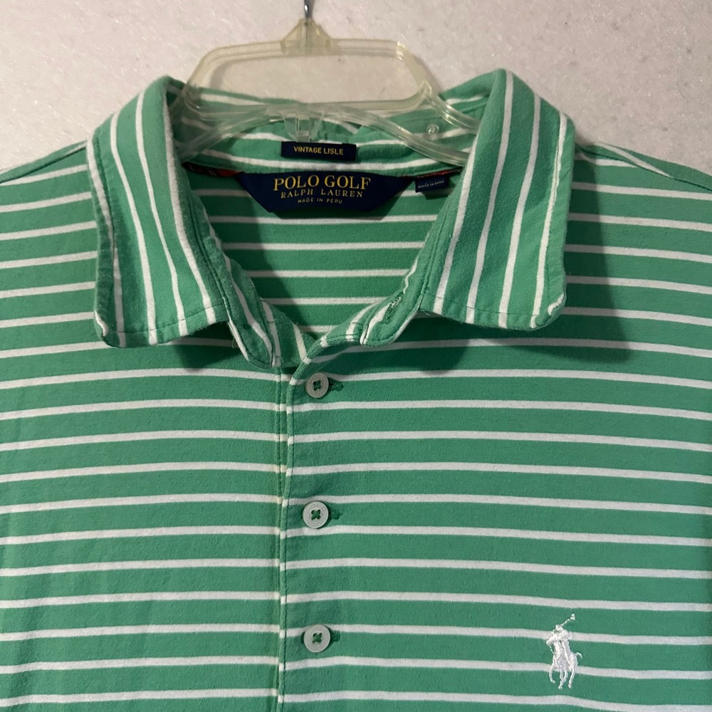 Polo Golf Ralph Lauren Mens XL Green White Striped Pima Cotton Lisle Polo Shirt